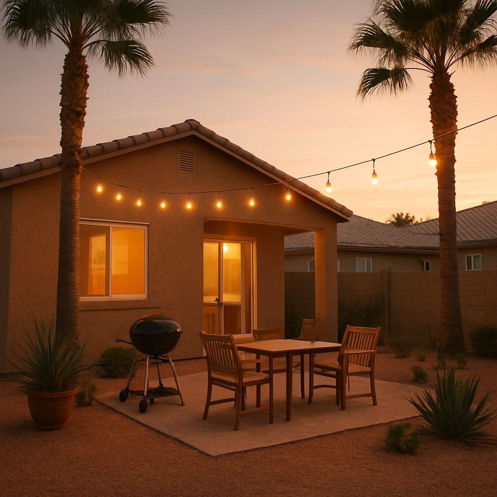 Cozy desert family home backyard patio at dusk